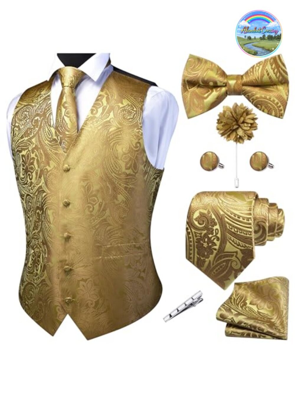 Men's V-Neck Suit Vest Paisley Jacquard Tie Waistcoat Bow Tie Hanky Set 7PCS
